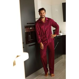 Elegante satijnen herenpyjama -Satijn pyjama heren met knoopsluiting - Lange Mouw Lange Broek pyjama - DKaren Noah - bordeaux rood XL