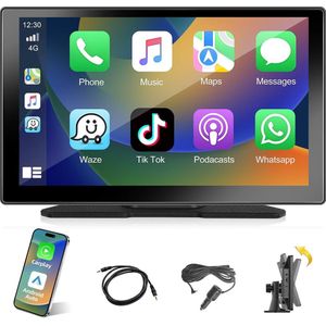 9 Inch Draagbare Autoradio met Draadloze Apple Carplay & Android Auto, Draaibare Standaard, 7-32V Touchscreen, Bluetooth Muziekscherm, Draadloze AirPlay/Mirror Link/TF/USB/AUX+Voedingskabel