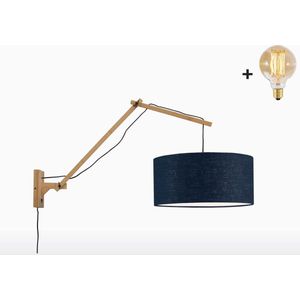 Wandlamp met Lange Arm - ANDES - Naturel Bamboe - Blauw Linnen - Met LED-lamp