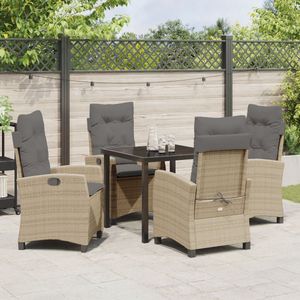vidaXL - 5 - Delige - Tuin - Eettafel - Set - met - Kussens - Beige - Poly - Rattan
