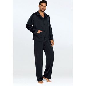 Elegante satijnen herenpyjama -Satijn pyjama heren met knoopsluiting - Lange Mouw Lange Broek pyjama - DKaren Noah - zwart XL