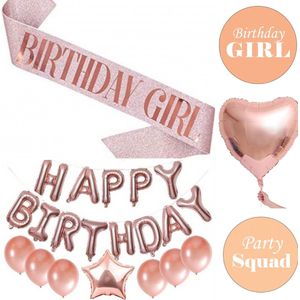 Birthday Girl set rosé goud 19-delig met sjerp, diverse ballonnen en 9 buttons - verjaardag - rose goud - birthday girl - decoratie - sjerp