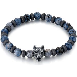 Twice As Nice Armband in edelstaal, blauwe en grijze stenen, wolfskop 19 cm
