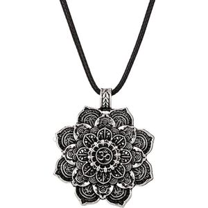 Kasey Lotus bloem hanger aan zwart leren koord - Mandala Ketting - Om teken
