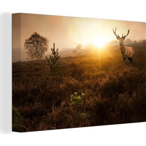 OneMillionCanvasses - Canvas - Hert - Gewei - Mist - Zonsondergang - Herfst - Edelhert - 90x60 - Kamer decoratie - Canvas doek