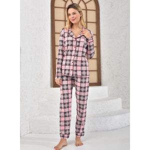 Lycra Katoen Dames 2- Delige -Pyjama- Luxe Pyjamaset- Nachtkleding Roze Met Geruit Patroon Maat XL