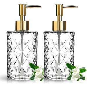 2 x 330 ml glazen zeepdispenser, voor keuken, badkamer, pomp van zwart glas en plastic, voor afwasmiddel, vloeibare zeep (transparant goud)