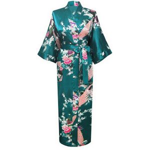 KIMU® Kimono Petrol Maxi - Maat XL-XXL - Yukata Satijn Lang - Lange Blauw Groen Ochtendjas Japanse Kamerjas Sexy Satijnen Badjas Geisha Vogelprint Jas Festival