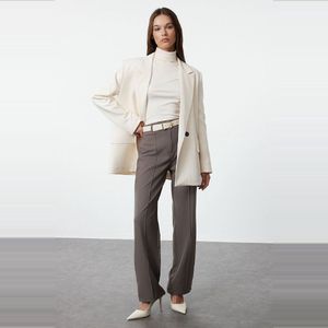 Trendyol Lichtbruine Rechte/Rechte Pasvorm, Geribde, Gestikte Geweven Broek Met Hoge Taille Twoss21Pl0093