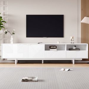 Moderne Boheemse tv -kast, abstracte witte geometrische lijnen tv -kast, moderne minimalistische kastdeurdecoratie met opslagruimte, 200*40*51 cm, kan tot 90 inch televisie absorberen
