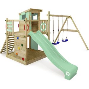 WICKEY speeltoestel klimtoestel Smart Camp met schommel & pastelgroene glijbaan, outdoor klimtoren voor kinderen met zandbak, ladder & speelaccessoires voor de tuin