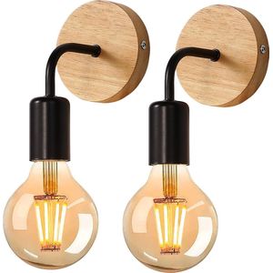 Delaveek-2-delige LED industriële wandlamp binnen - Houten- E27 lampvoet (lamp niet inbegrepen)