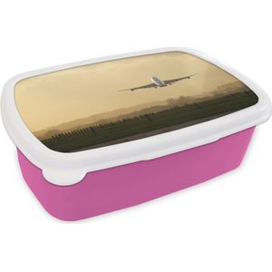 Broodtrommel Roze - Lunchbox - Brooddoos - Een vliegtuig dat van een luchthaven opstijgt - 18x12x6 cm - Kinderen - Meisje