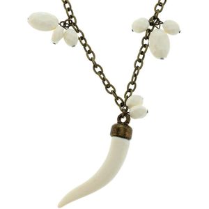 Behave Lange ketting antiek-goudkleur met witte kralen hangers en tand