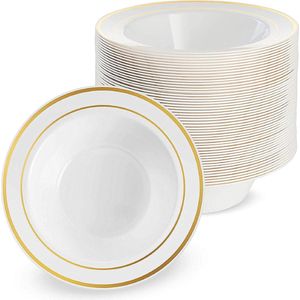 25 Witte Plastic Kommen met Gouden Rand (360 ml) voor Bruiloften, Verjaardagen, Doopfeesten, Kerstmis en Feesten - Stevig en Herbruikbaar