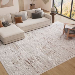 TAPISO Trend Tapijt Kortpolig - Modern Tapijt Hoge Kwaliteit - Elegant Woonkamer Tapijt in Crème Beige met Bruin Grijs - Strepen Blurred- Easy Care Tapijt - OEKO-TEX 160x230