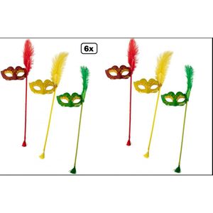 6x Oogmasker op stok rood geel groen 25cm x 10cm - Carnaval festival party fun