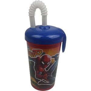 Drinkbeker Spiderman met rietje - Rood / Blauw - Kunststof - 400 ml - Waterfles - Fles - Bidon - Marvel