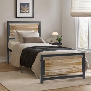 Bealife BF34 Eenpersoonsbedden, Metalen Eenpersoonsbed met Houten Hoofdbord, 210 x 90 x107cm, IJzeren Latten, Grote Opbergruimte Onder Bed, Geen Lawaai, Geen Boxspring Nodig, Eenvoudige Montage, Grijs