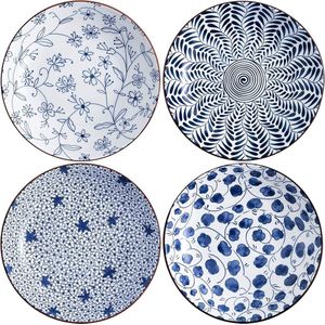 Keramische pastabordenset van 4, blauw en wit porselein 20 cm saladeschalen, diner platte borden, serveerschaal voor hapjes, salade, dessert en snacks (20 cm)