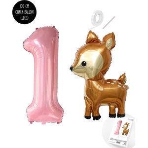 Snoes - Bambi Basis ballon set XXL Cijferballon Baby Pink 1 - Lief Hert + Cijfer Ballon 1 Jaar - Helium Geschikt