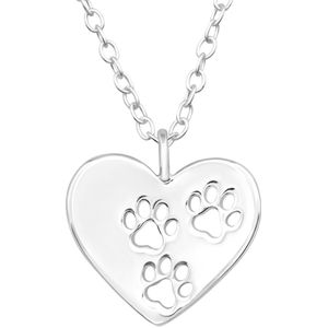 Joy|S - Zilveren hartje hanger met dierenpootjes - inclusief ketting 39 cm met extra oogje op 36 cm - kat hond poot afdruk - voor kinderen