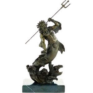 Poseidon - Bronzen Beeld - Neptunus Brons Beeldje - Decoratie Mythologie Sculptuur - Romeinse God - Griekse God - God van het water - Drietand Standbeeld - Gesigneerd en voorzien van Gieterij stempel - 17x12x30