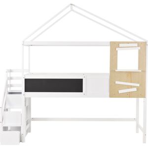 Merax Kinderbed - Peuterbed met Trap en Raam - Huisbed Hoogslaper met Opbergruimte - Wit