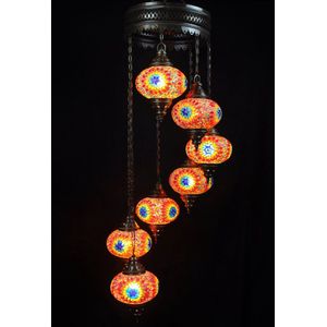 Turkse Lamp - Hanglamp - Mozaïek Lamp - Marokkaanse Lamp - Oosters Lamp - Authentiek - Handgemaakt - Kroonluchter - Multicolour ster - 7 bollen