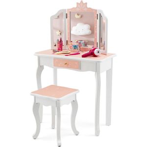 SureDeal® - Make-Up tafel - Kinderen - Kaptafel - Met Krukje - 2-In-1 - Bureau - Spiegels - Roze - 59x29x99 cm cm - Speelgoed - Meisje - Cadeau
