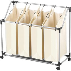 Opvouwbare Ribelli Wasmand met 4 vakken en wielen - Grote wassorteerder met afneembare zakken - 96 x 39 x 82 cm Laundary Net