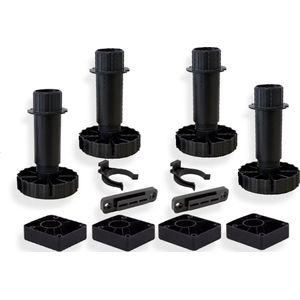 Stelpoten / Meubelpoten 100mm (4x) - Inclusief 4 montageblokken, 2 plintclippen & 2 plintclip montageplaten - Draaggewicht 450kg - Kunststof - Pootjes voor keukens