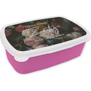 Broodtrommel Roze - Lunchbox - Brooddoos - Gefeliciteerd zestig jaar getrouwd - Trouwen - Quotes - Spreuken - Bloemen - 18x12x6 cm - Kinderen - Meisje