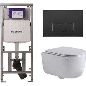 QeramiQ Dely Swirl Toiletset - 36.3x51.7cm - Geberit UP320 Burda inbouwreservoir - slim zitting - mat zwarte bedieningsplaat - rechthoekige knoppen - wit mat