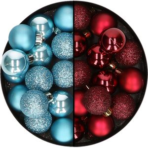 Decoris kleine kerstballen - 28x st - donkerrood en ijsblauw - 3 cm - kunststof