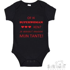 100% katoenen Romper ""Of ik Superwoman ken Je bedoelt gewoon mijn tante"" Unisex Katoen Zwart/rood Maat 56/62