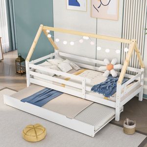 Boomhutbed dagbed- eenpersoonsbed ledikant uitschuifbed met wielen onderaan- massief houten wit bed naturel gekleurd spant (200x90cm)