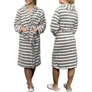 Sorprese Exclusive - Badjas - Maat L/XL - Streep Grijs/Wit - Capuchon - Ultra Zacht en Warm - Microvezel - Badjas Dames - Badjas Heren - Sauna - Oeko-Tex Standard 100 - Cadeau