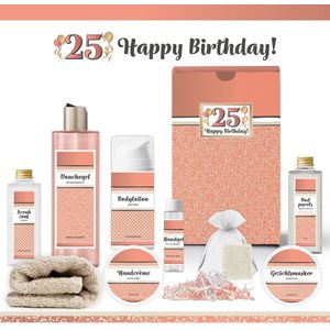 Geschenkset “25 Jaar, Happy Birthday!” - 9 producten - 790 gram | Luxe Cadeaubox voor haar - Wellness Pakket Vrouw - Giftset Vriendin - Moeder - Cadeaupakket Collega - Cadeau Zus - Verjaardag - Gefeliciteerd Cadeau - Goud - Zalmroze