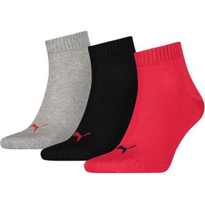 Puma Unisex Quarter Plain (3-pack) - unisex hoge enkelsokken - zwart - rood - Maat: 43-46