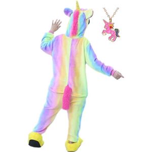 Eenhoorn Onesie Unicorn regenboog huispak kinderen - 104-110 (110) + ketting verjaardag meisje