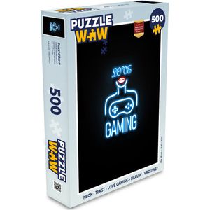 Puzzel Neon - Tekst - Love gaming - Blauw - Vrouwen - Legpuzzel - Puzzel 500 stukjes
