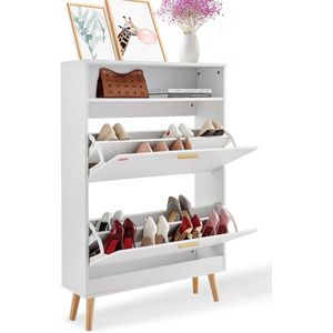 Ibenzoa® Smal wit schoenenrek met massief houten opbergkast voor hal en outdoor gebruik