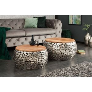 Set van 2 ronde salontafels STONE MOSAIC 65cm zilver mangohout metaal handgemaakt mozaïekontwerp - 41433