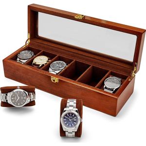 Elegante Premium Houten Horlogebox voor Heren - Ruimte voor 6 Grote Horloges met Glazen Venster