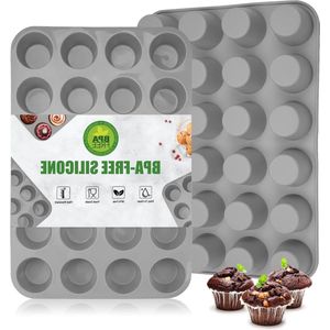 Pack of 2 Mini Muffin Moulds Silicone - Non Stick Baking Mould - BPA Free - Cupcakes Brownies Pudding Grey