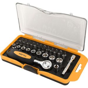 Tolsen Gereedschapset 38-delig - 25x Bits 25 mm - 9x Doppenset Metrisch 1/4"" - 1x 1/4"" Bitadapter - 1x Handgreep 1/4"" - 1x Verlengstuk