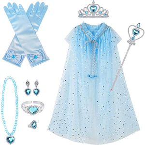 Loha-party®10 stuks Frozen verkleed set-verkleedcape-prinses jurk-Carnaval kleeding-verjaardag cadeau-kinder cadeau kit-Elsa jurk-Prinsessencape-Crown-Wand-Handschoenen-Oorbel-Ring-armband-Meisje verjaardag-feestartikelen-feest accessoires-10stuks