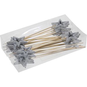 24x Kerststukje onderdelen zilveren stekers/instekers met open ster 6 cm - Kerststukje maken - prikkers/instekertjes