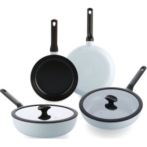 BK Enjoy 4-delige Set - Lichtblauw - Koekenpan 24/28cm - Hapjespan met deksel - Wokpan 28cm - PFAS vrij - koelgrepen - ovenbestendig tot 160°